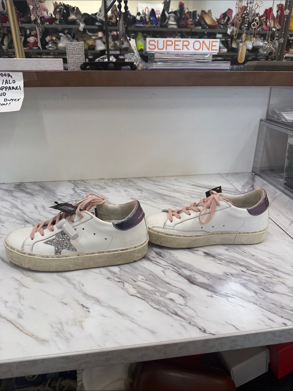 Golden Goose White Leather Sneakers with Pink Laces and Silver Star - Picture 5 of 10